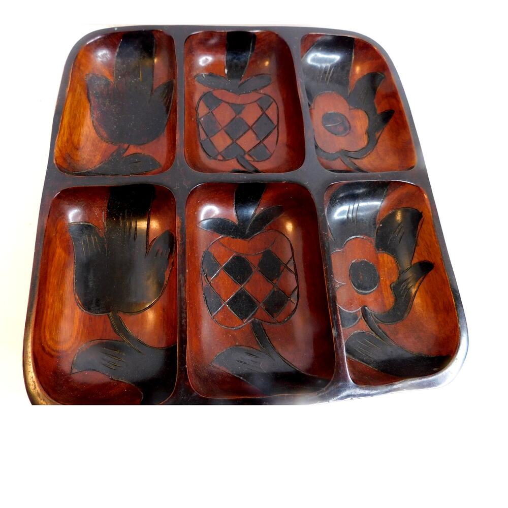 Vtg Hand Carved Polynesian Monkey Pod Wooden 6 Section Appetizer Snack Tray